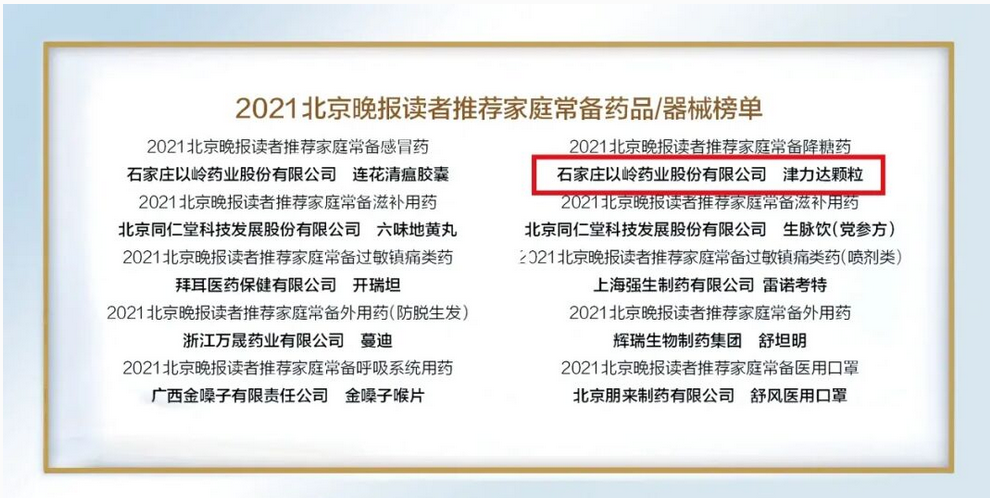 津力达颗粒获评北京晚报读者推荐家庭常备药